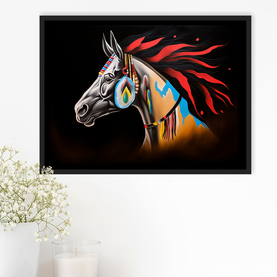 Indian Horse Warrior Oil Painting Black Background, Framed Canvas Prints Wall Art Decor, Floating Frame