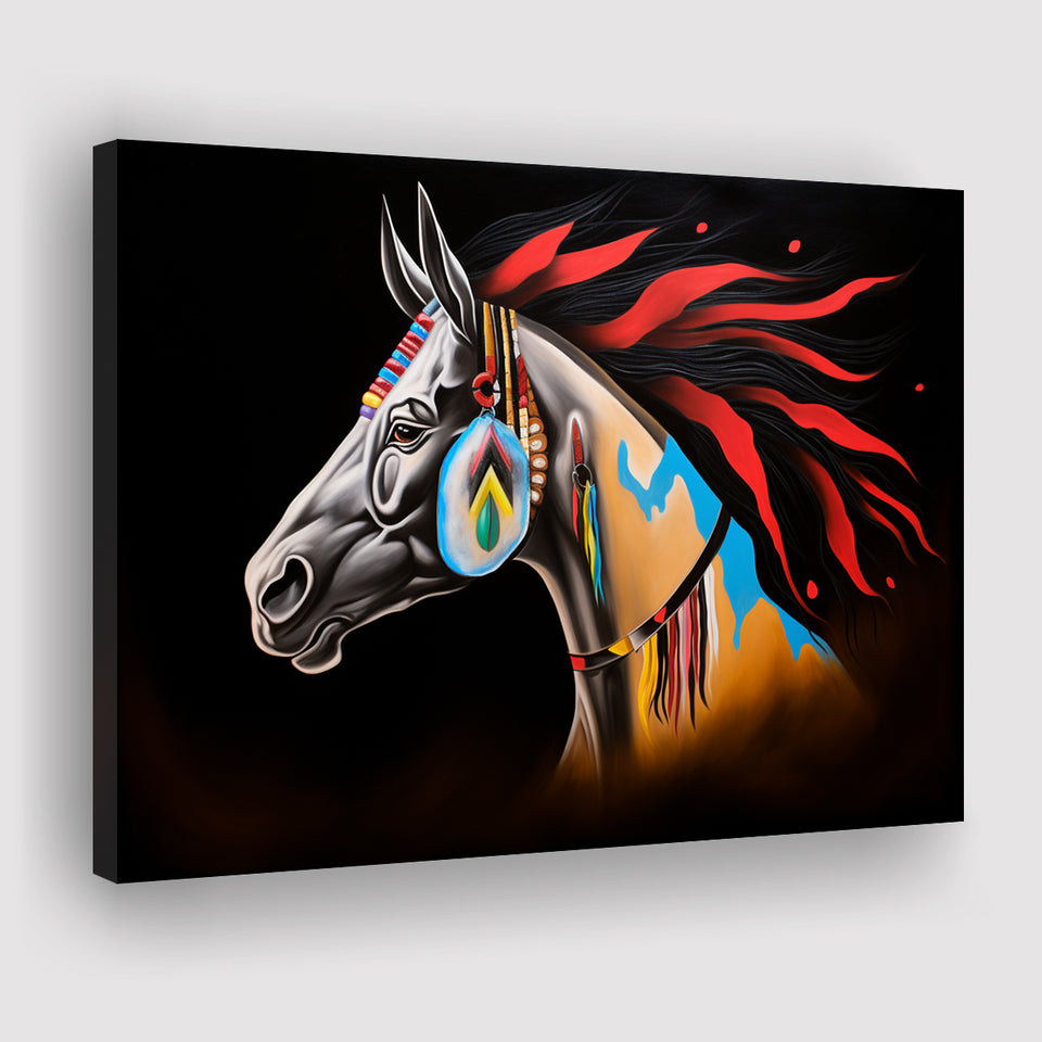 Indian Horse Warrior Oil Painting Black Background Canvas Prints Wall Art, Painting Art Home Decor
