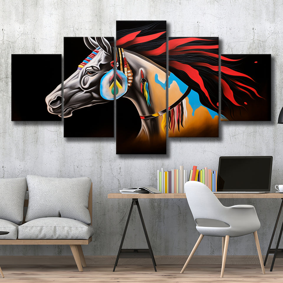 Indian Horse Warrior Oil Painting Black Background Mixed 5 Panel Large Canvas Prints Wall Art Decor