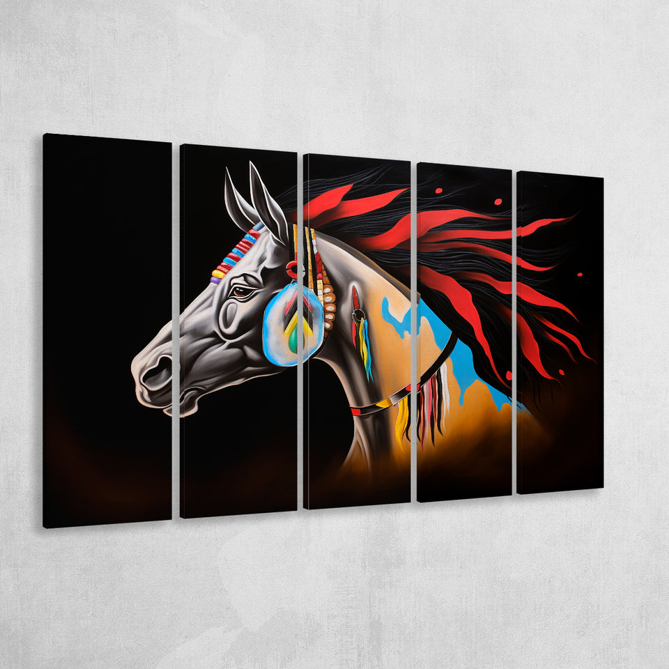 Indian Horse Warrior Oil Painting Black Background,5 Panel Extra Large Canvas Prints Wall Art Decor