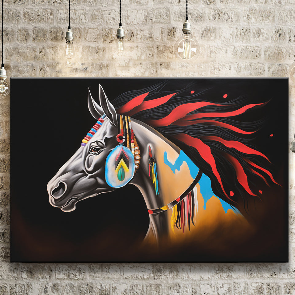 Indian Horse Warrior Oil Painting Black Background Canvas Prints Wall Art, Painting Art Home Decor