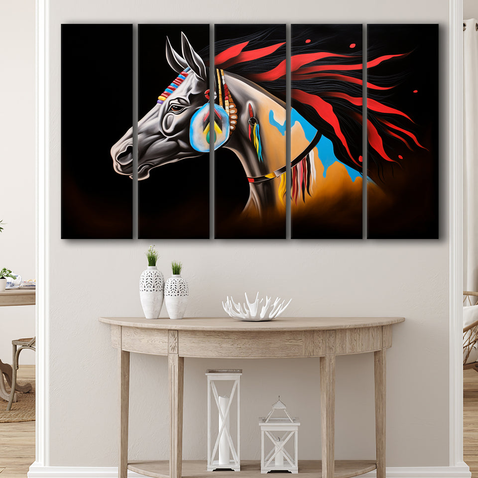 Indian Horse Warrior Oil Painting Black Background,5 Panel Extra Large Canvas Prints Wall Art Decor