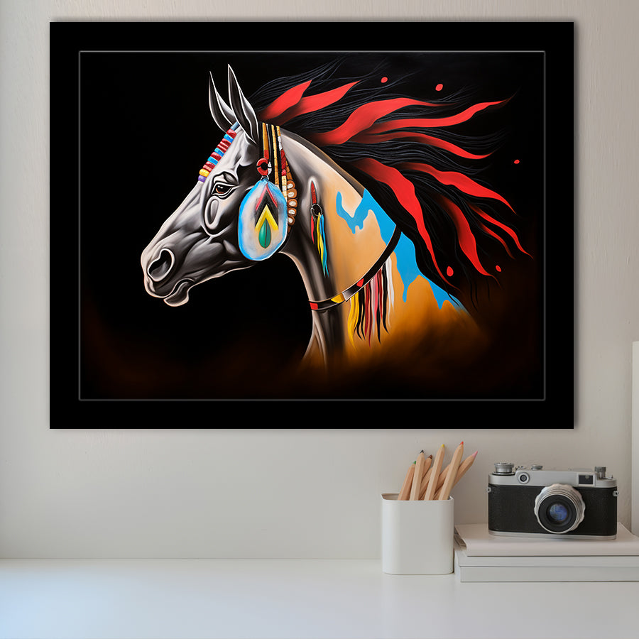 Indian Horse Warrior Oil Painting Black Background Framed Art Prints Wall Decor, Framed Painting Art