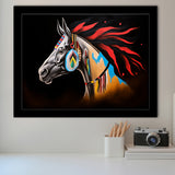 Indian Horse Warrior Oil Painting Black Background Framed Art Prints Wall Decor, Framed Painting Art