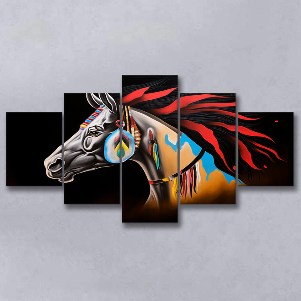 Indian Horse Warrior Oil Painting Black Background Mixed 5 Panel Large Canvas Prints Wall Art Decor