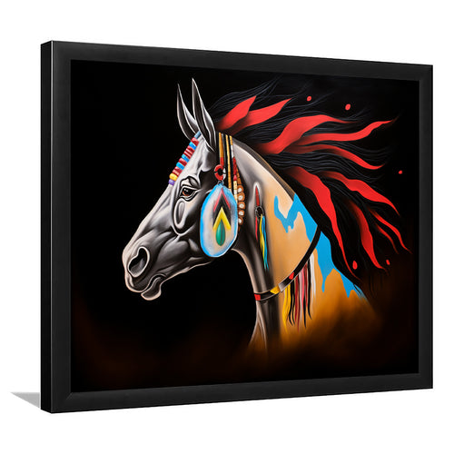 Indian Horse Warrior Oil Painting Black Background Framed Art Prints Wall Decor, Framed Painting Art