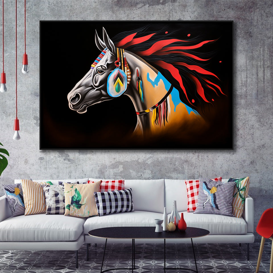 Indian Horse Warrior Oil Painting Black Background, Framed Canvas Prints Wall Art Decor, Floating Frame