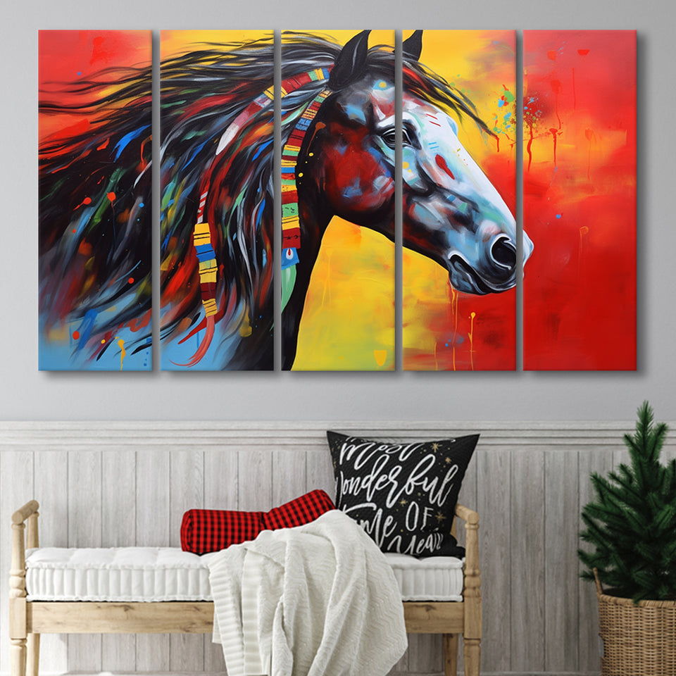 Indian Horse Warrior Oil Painting Mixed Color,5 Panel Extra Large Canvas Prints Wall Art Decor
