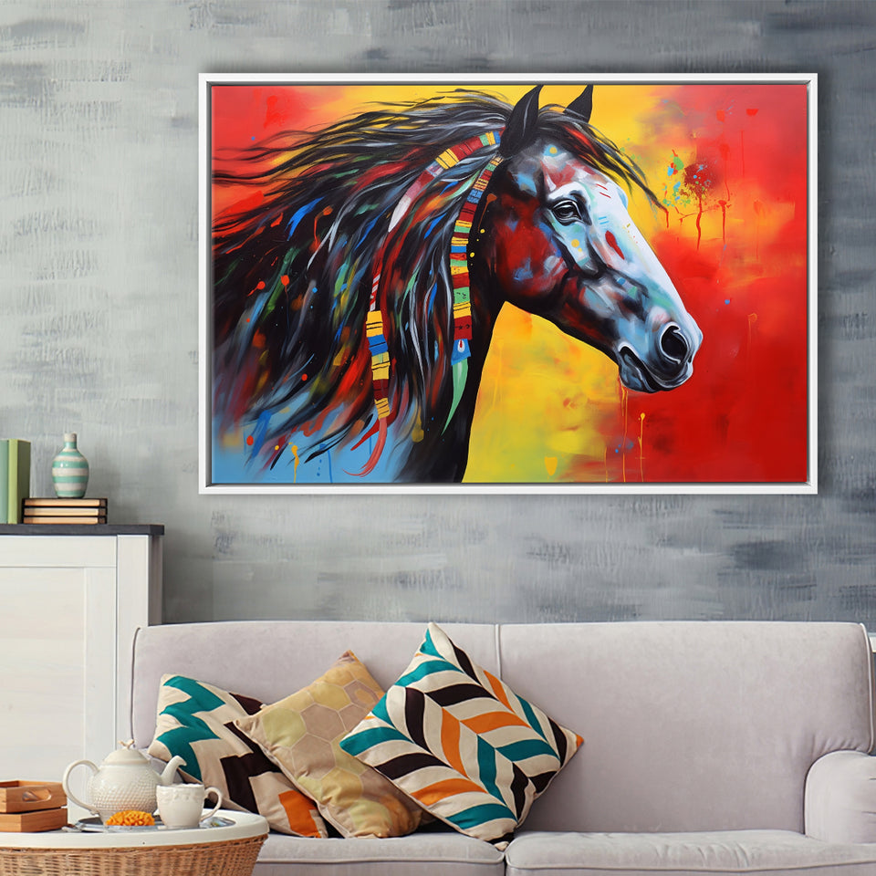 Indian Horse Warrior Oil Painting Mixed Color, Framed Canvas Prints Wall Art Decor, Floating Frame