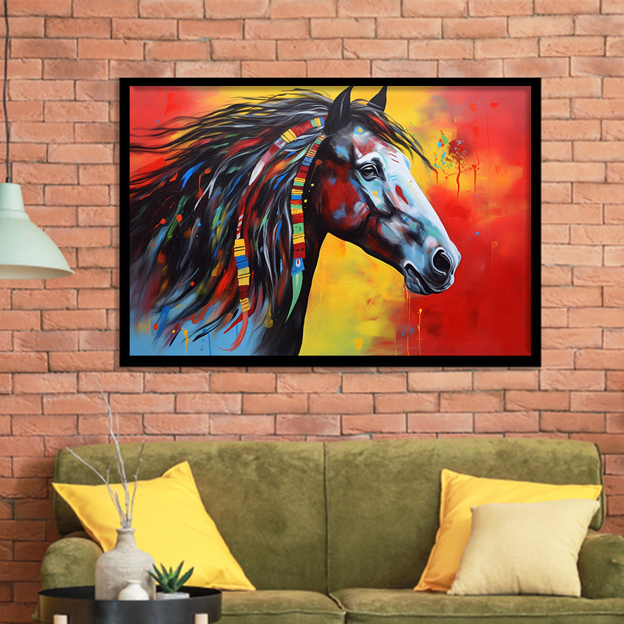 Indian Horse Warrior Oil Painting Mixed Color Framed Art Prints Wall Decor, Framed Painting Art