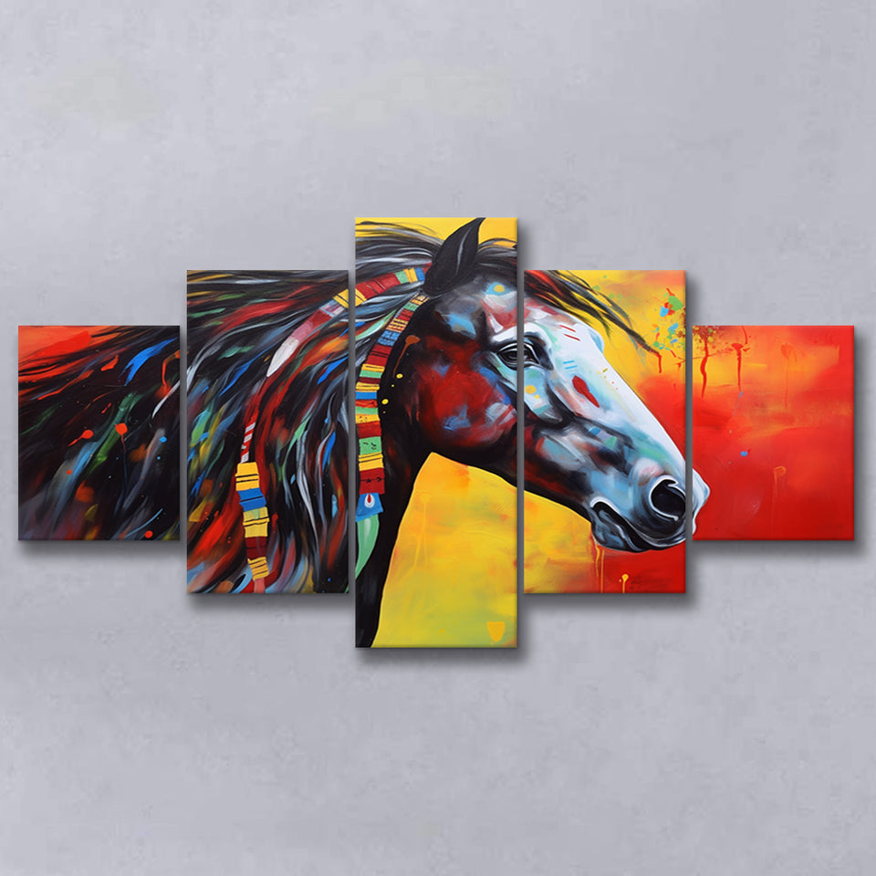 Indian Horse Warrior Oil Painting Mixed Color Mixed 5 Panel Large Canvas Prints Wall Art Decor