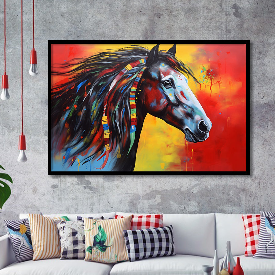 Indian Horse Warrior Oil Painting Mixed Color Framed Art Prints Wall Decor, Framed Painting Art