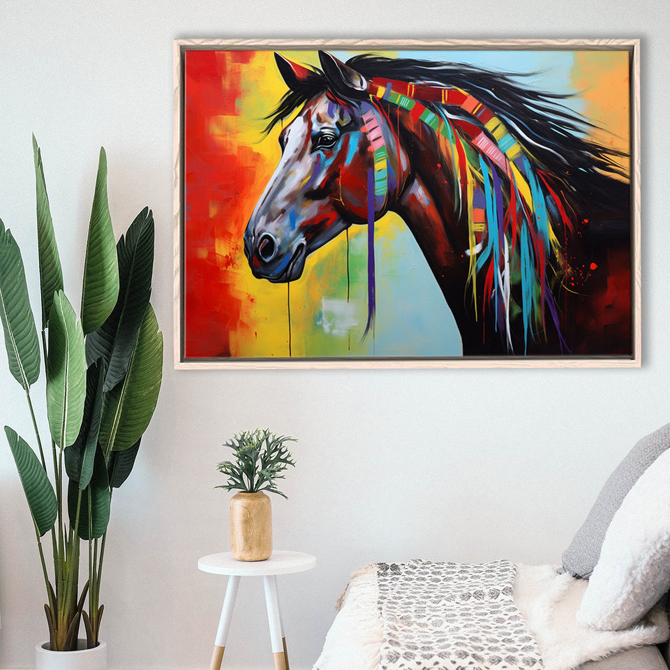 Indian Horse Warrior Oil Painting V1, Framed Canvas Prints Wall Art Decor, Floating Frame