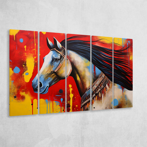 Indian Horse Warrior Oil Painting V2,5 Panel Extra Large Canvas Prints Wall Art Decor