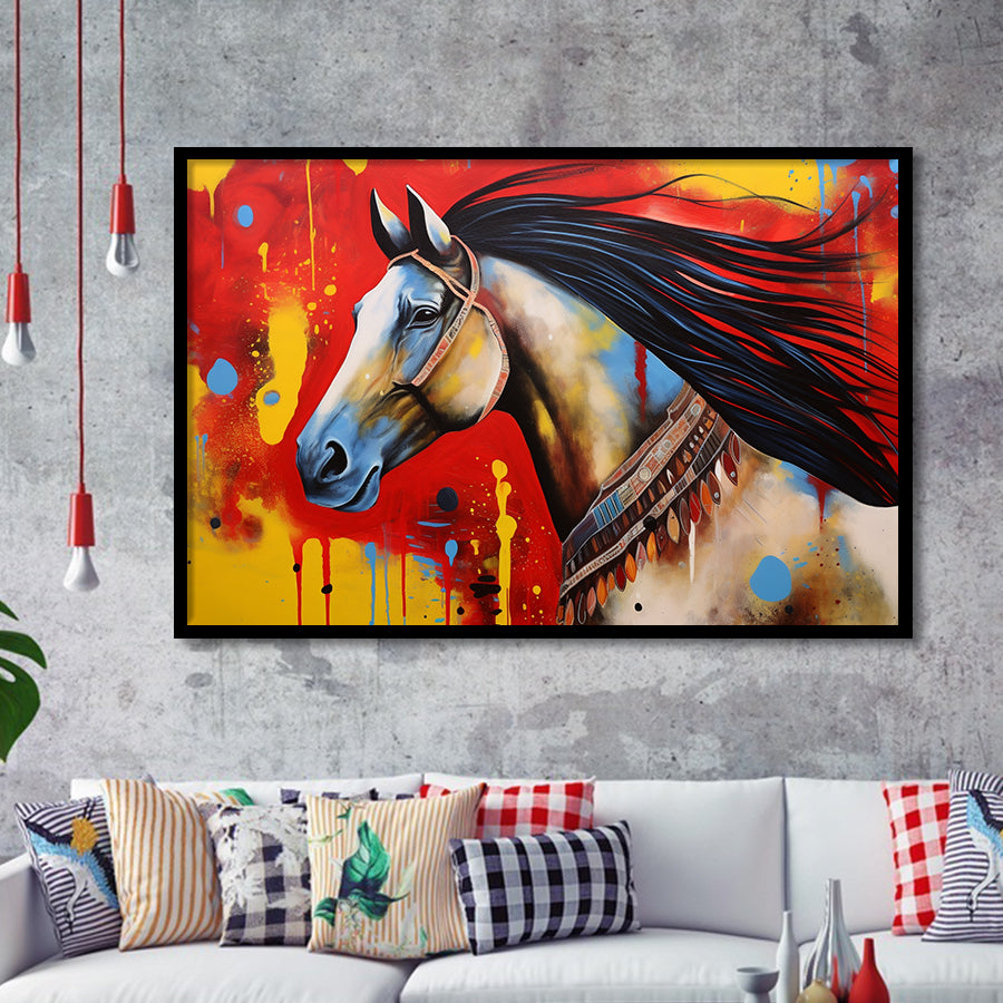 Indian Horse Warrior Oil Painting V2 Framed Art Prints Wall Decor, Framed Painting Art