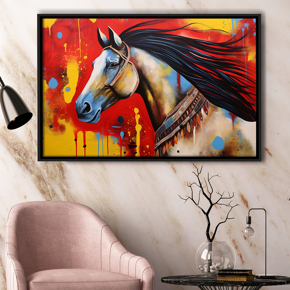 Indian Horse Warrior Oil Painting V2, Framed Canvas Prints Wall Art Decor, Floating Frame