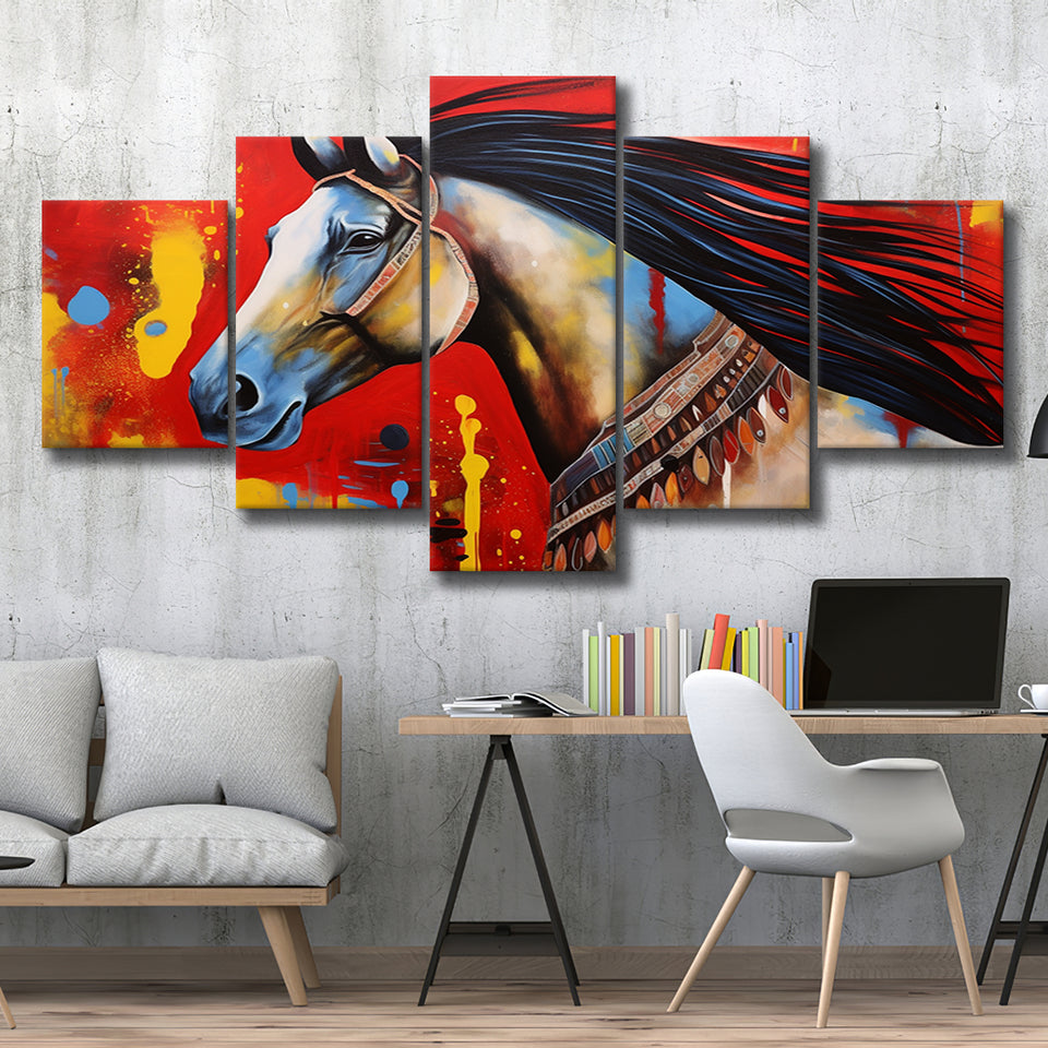 Indian Horse Warrior Oil Painting V2 Mixed 5 Panel Large Canvas Prints Wall Art Decor