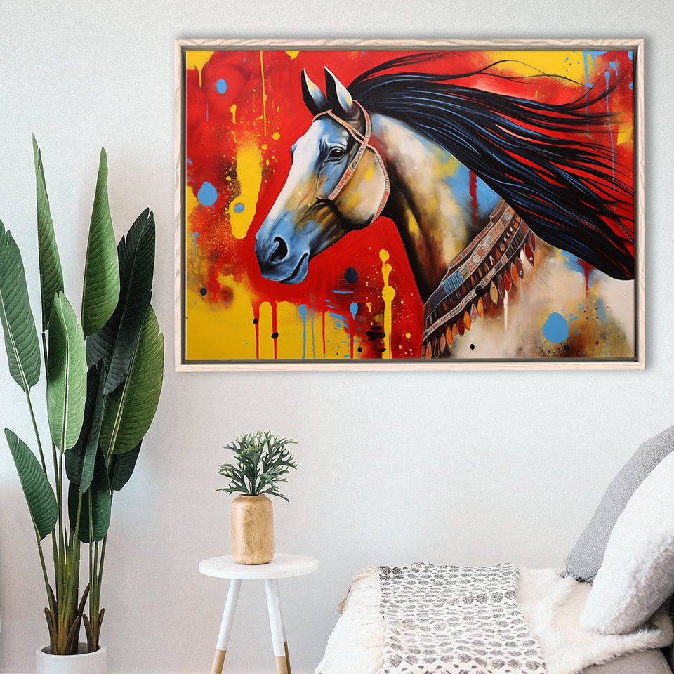 Indian Horse Warrior Oil Painting V2, Framed Canvas Prints Wall Art Decor, Floating Frame