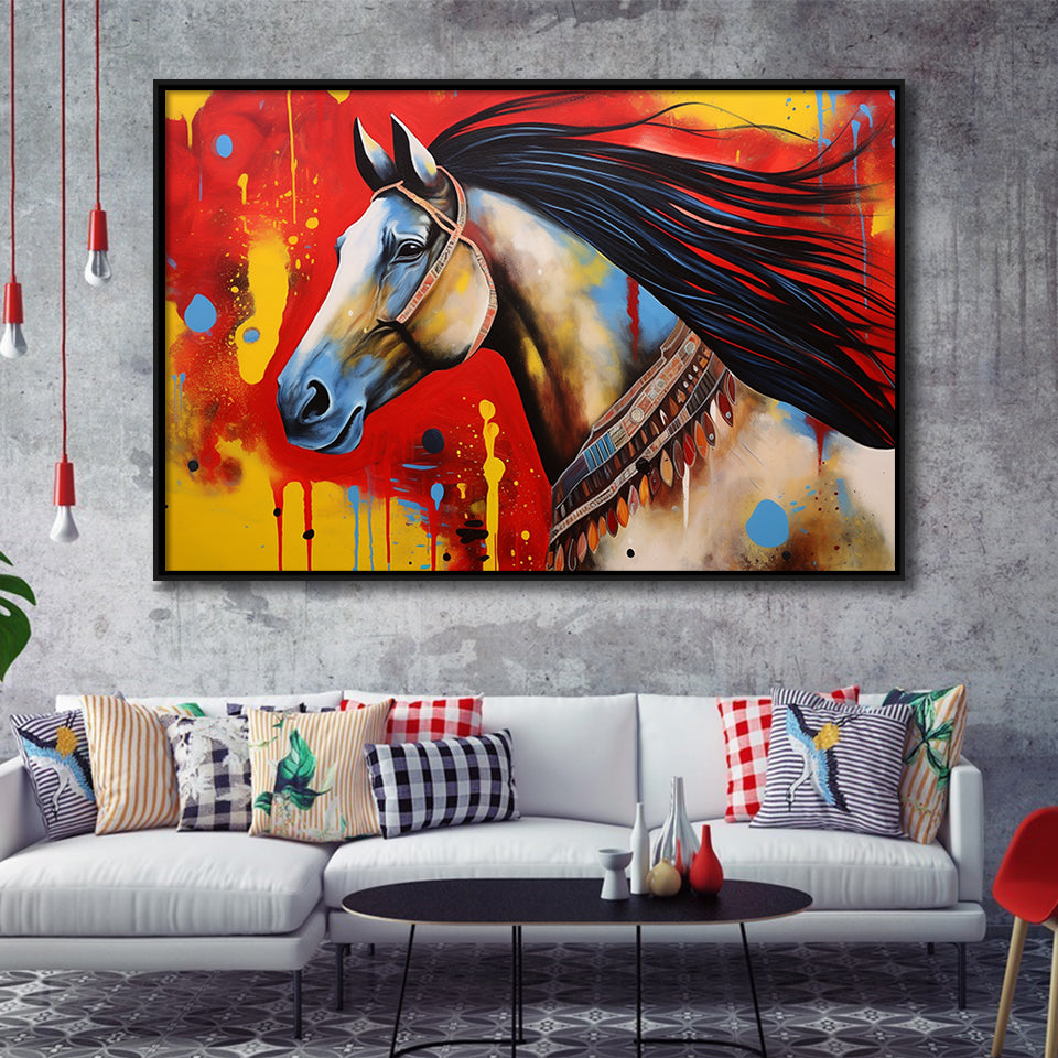 Indian Horse Warrior Oil Painting V2, Framed Canvas Prints Wall Art Decor, Floating Frame