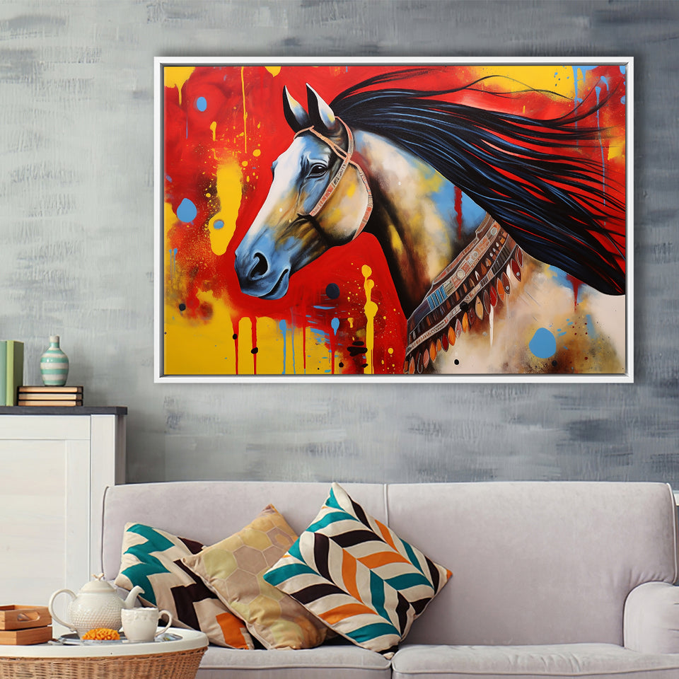 Indian Horse Warrior Oil Painting V2, Framed Canvas Prints Wall Art Decor, Floating Frame