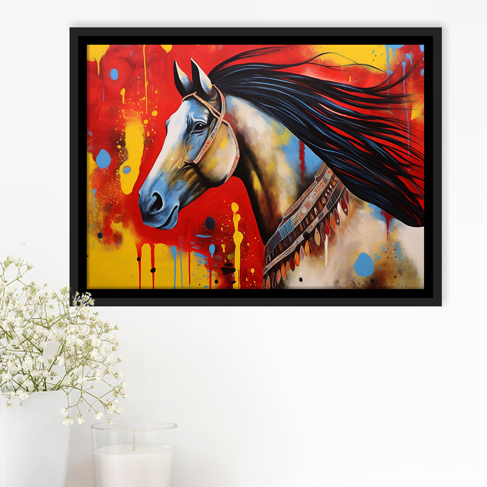 Indian Horse Warrior Oil Painting V2, Framed Canvas Prints Wall Art Decor, Floating Frame