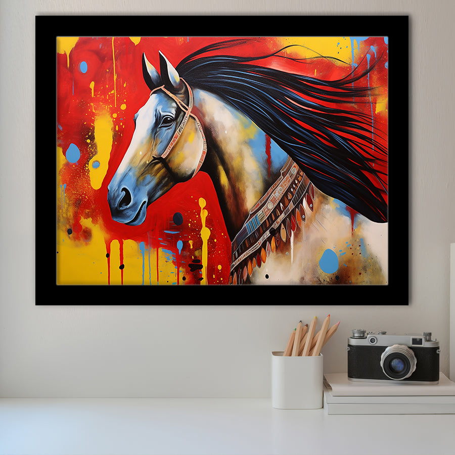 Indian Horse Warrior Oil Painting V2 Framed Art Prints Wall Decor, Framed Painting Art