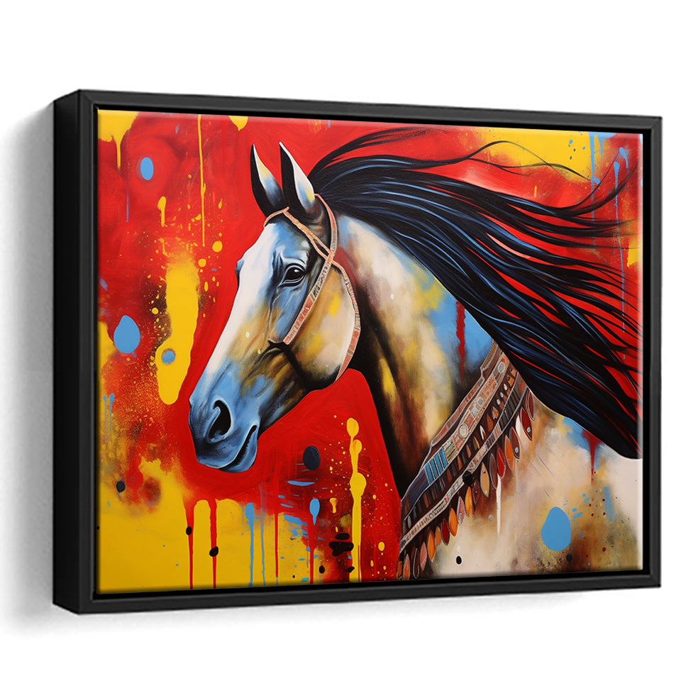 Indian Horse Warrior Oil Painting V2, Framed Canvas Prints Wall Art Decor, Floating Frame