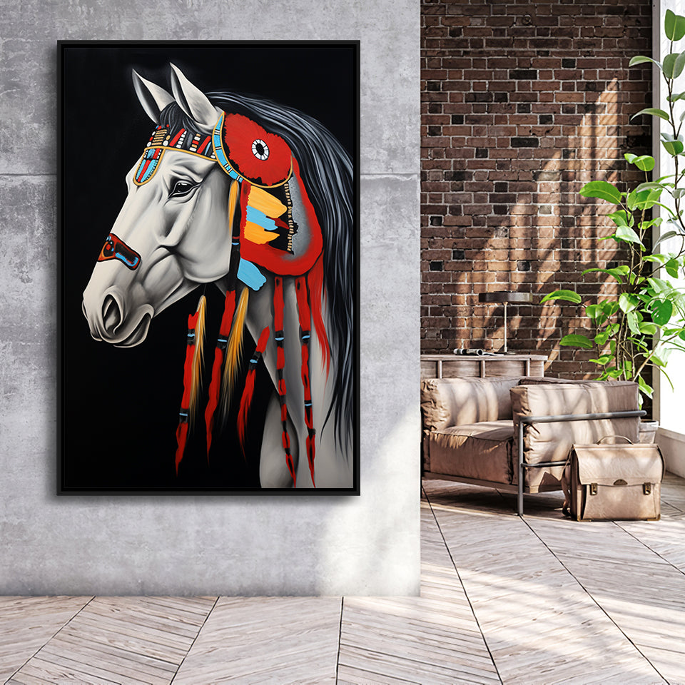 Indian Horse Warrior Portrait Acrylic Painting,Framed Canvas Prints,Floating Frame, Wall Art Home Decor