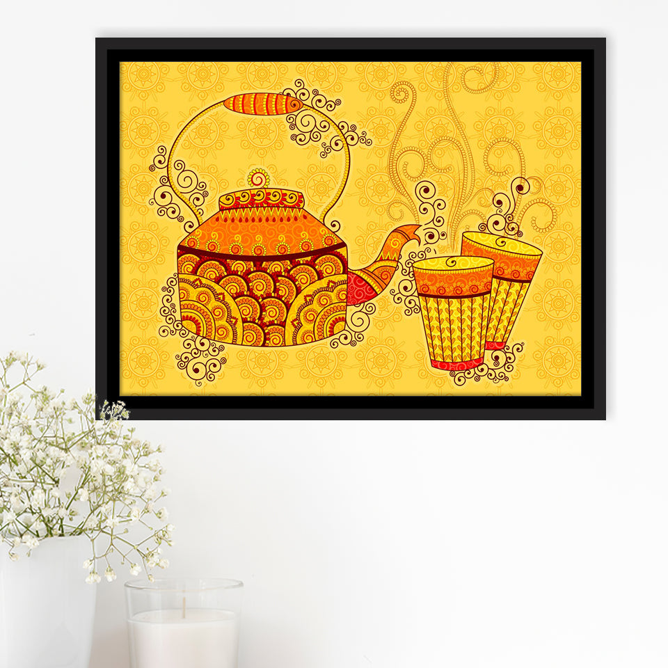 Indian Kettle Tea Glass Yellow Color Art Framed Canvas Prints Wall Art, Floating Frame, Large Canvas Home Decor