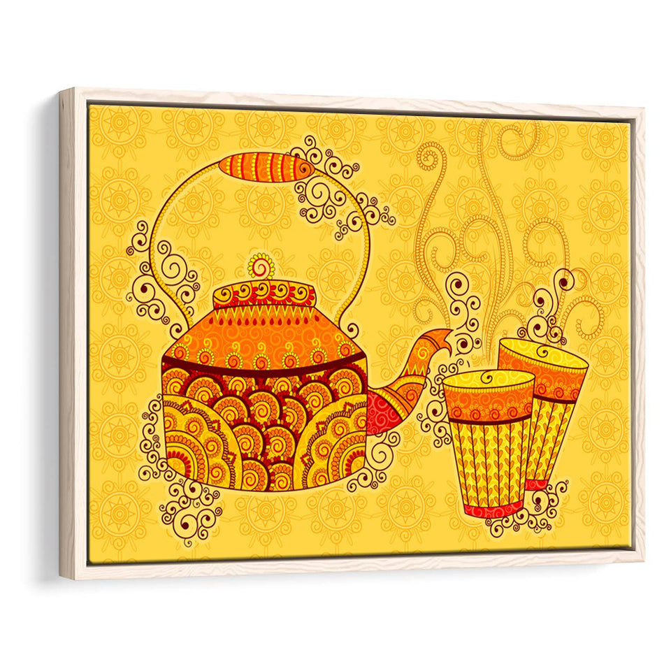 Indian Kettle Tea Glass Yellow Color Art Framed Canvas Prints Wall Art, Floating Frame, Large Canvas Home Decor