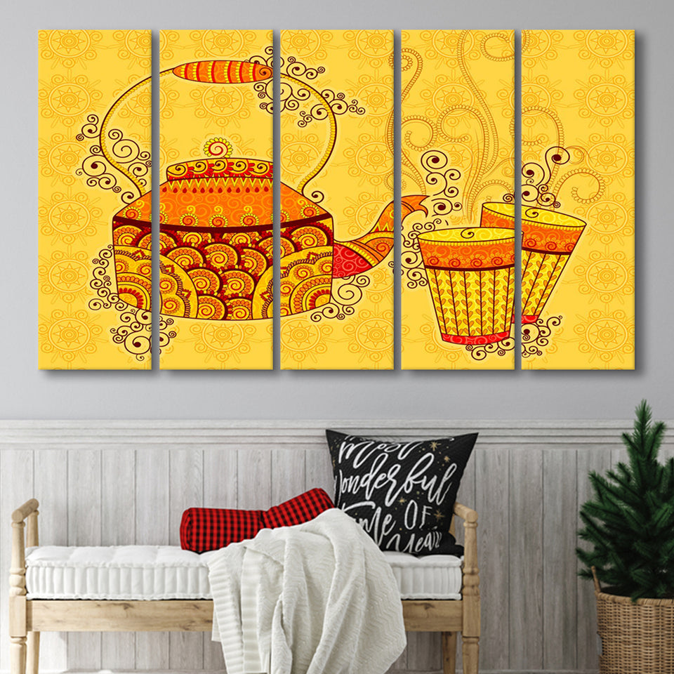 Indian Kettle Tea Glass Yellow Color Art, 5 Panel B Canvas Prints Wall Art, Extra Large Canvas Decor