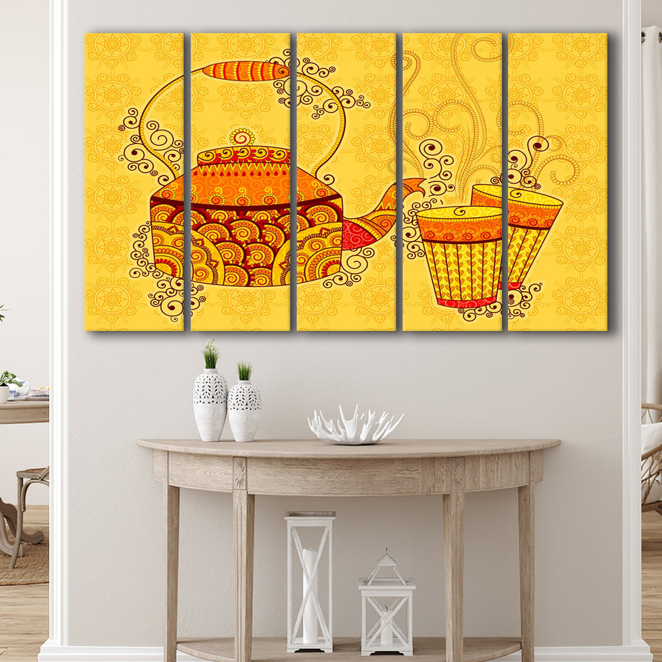 Indian Kettle Tea Glass Yellow Color Art, 5 Panel B Canvas Prints Wall Art, Extra Large Canvas Decor