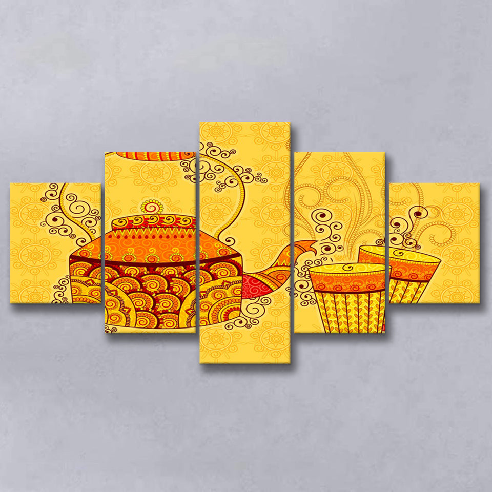 Indian Kettle Tea Glass Yellow Color Art, 5 Panel Canvas Prints Wall Art,Mixed Canvas, Large Canvas