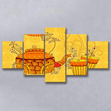 Indian Kettle Tea Glass Yellow Color Art, 5 Panel Canvas Prints Wall Art,Mixed Canvas, Large Canvas