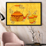 Indian Kettle Tea Glass Yellow Color Art Framed Canvas Prints Wall Art, Floating Frame, Large Canvas Home Decor