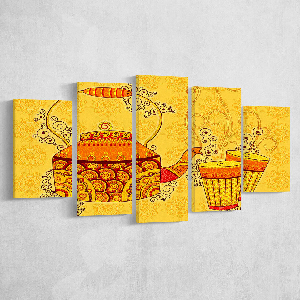 Indian Kettle Tea Glass Yellow Color Art, 5 Panel Canvas Prints Wall Art,Mixed Canvas, Large Canvas