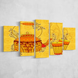 Indian Kettle Tea Glass Yellow Color Art, 5 Panel Canvas Prints Wall Art,Mixed Canvas, Large Canvas
