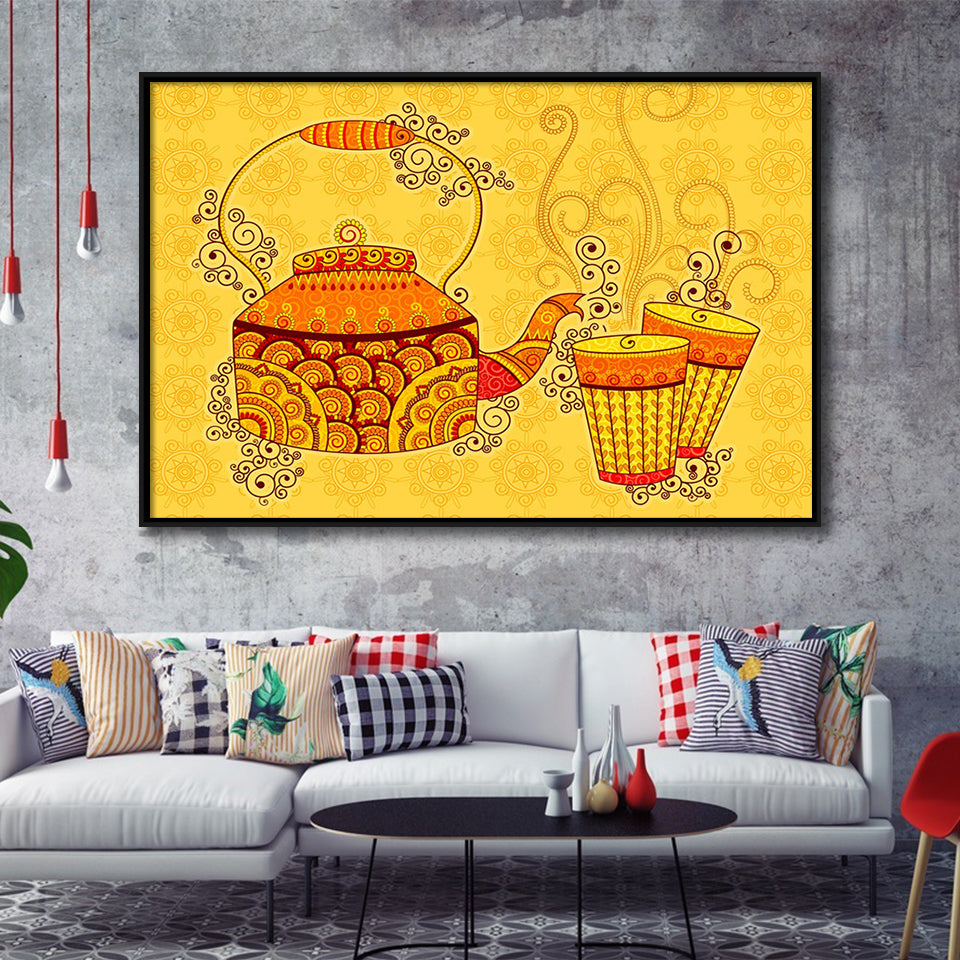 Indian Kettle Tea Glass Yellow Color Art Framed Canvas Prints Wall Art, Floating Frame, Large Canvas Home Decor