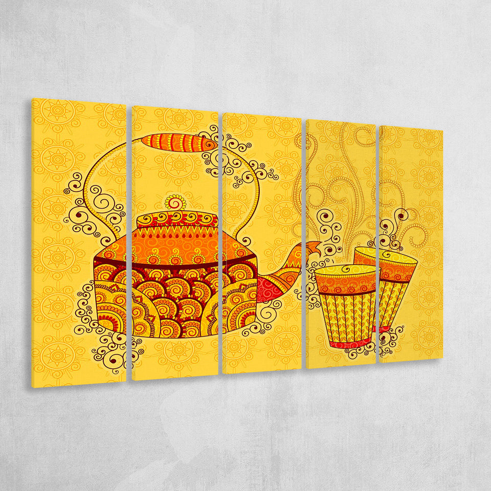Indian Kettle Tea Glass Yellow Color Art, 5 Panel B Canvas Prints Wall Art, Extra Large Canvas Decor