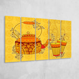 Indian Kettle Tea Glass Yellow Color Art, 5 Panel B Canvas Prints Wall Art, Extra Large Canvas Decor