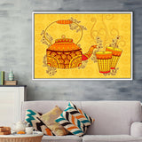 Indian Kettle Tea Glass Yellow Color Art Framed Canvas Prints Wall Art, Floating Frame, Large Canvas Home Decor