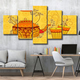 Indian Kettle Tea Glass Yellow Color Art, 5 Panel Canvas Prints Wall Art,Mixed Canvas, Large Canvas
