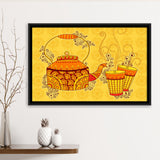 Indian Kettle Tea Glass Yellow Color Art Framed Canvas Prints Wall Art, Floating Frame, Large Canvas Home Decor