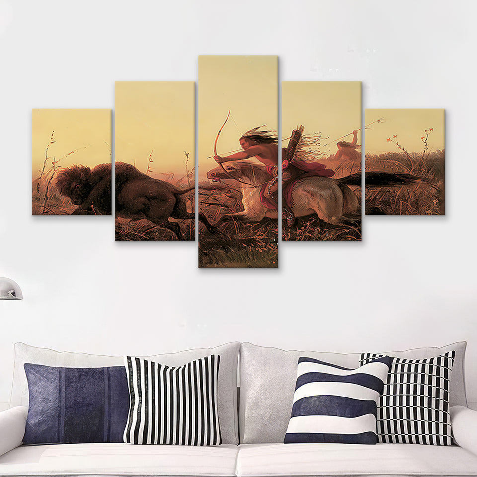 Indian Native American Buffalo Hunt 5 Pieces Canvas Prints Wall Art - Painting Canvas, Multi Panels, Wall Decor