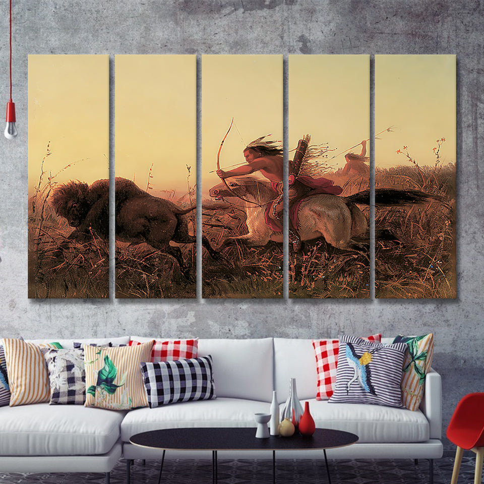 Indian Native American Buffalo Hunt 5 Pieces B Canvas Prints Wall Art - Painting Canvas, Multi Panels, Wall Decor