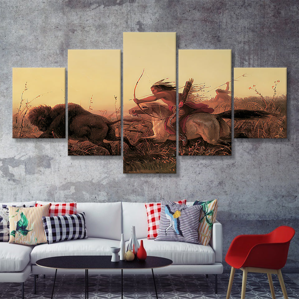 Indian Native American Buffalo Hunt 5 Pieces Canvas Prints Wall Art - Painting Canvas, Multi Panels, Wall Decor