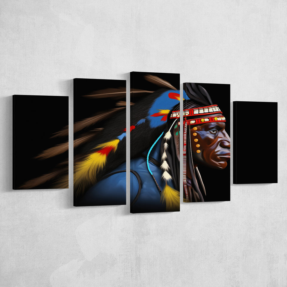 Indian Warrior Portrait Art Painting Mixed 5 Panel Large Canvas Prints Wall Art Decor