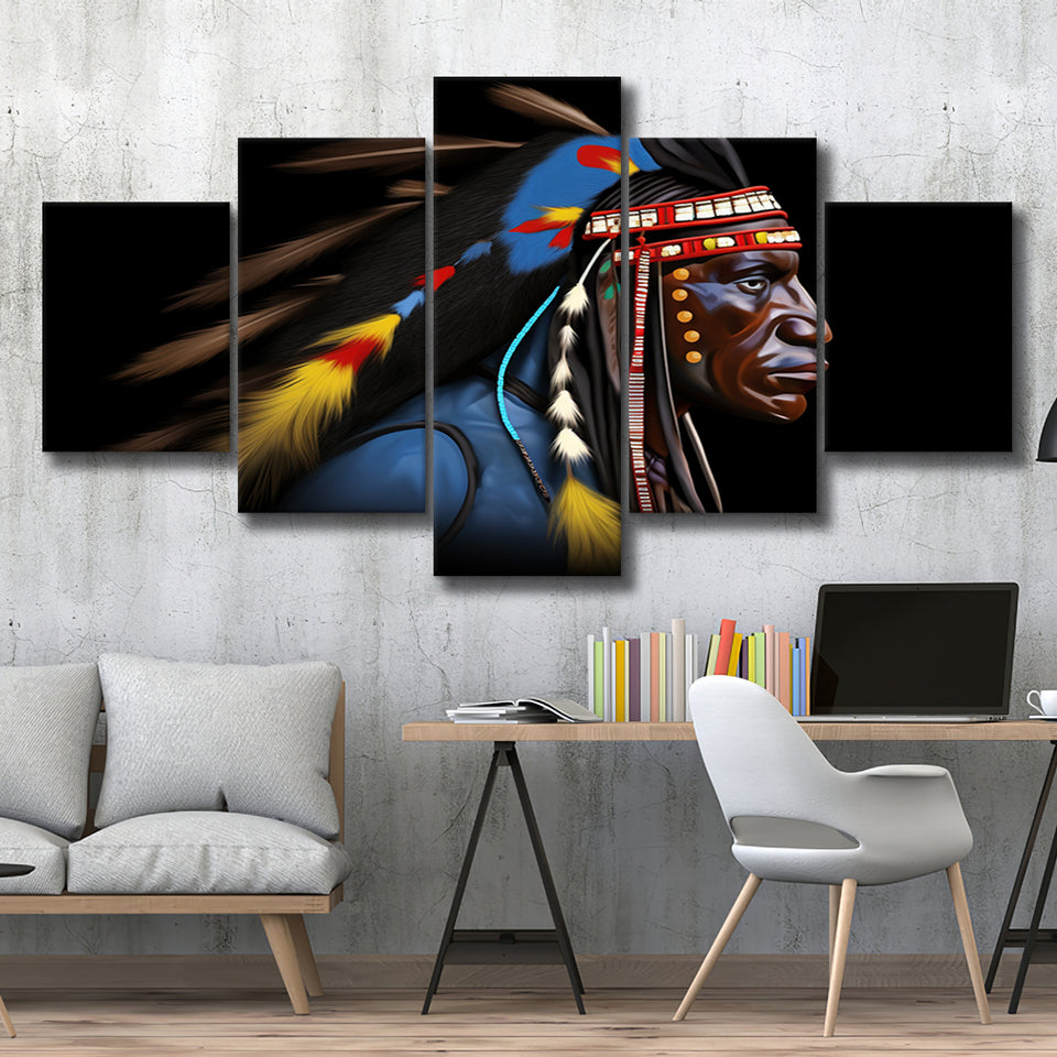 Indian Warrior Portrait Art Painting Mixed 5 Panel Large Canvas Prints Wall Art Decor