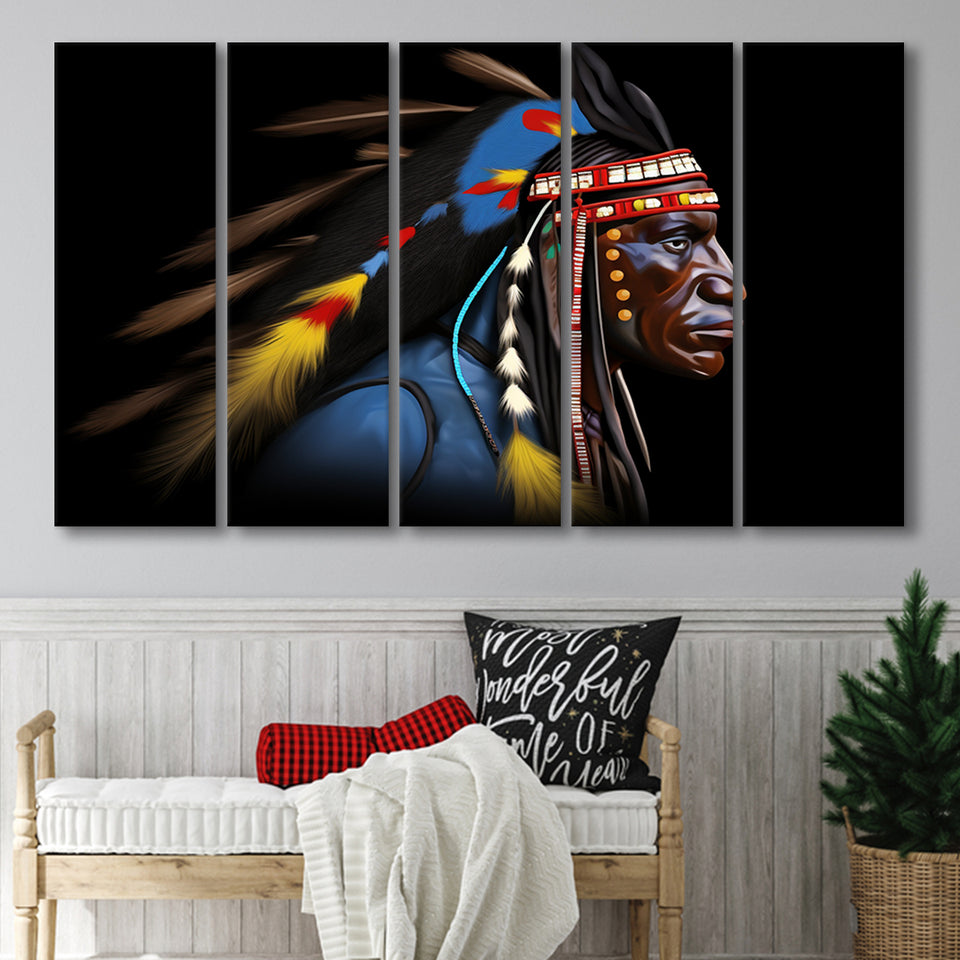 Indian Warrior Portrait Art Painting,5 Panel Extra Large Canvas Prints Wall Art Decor