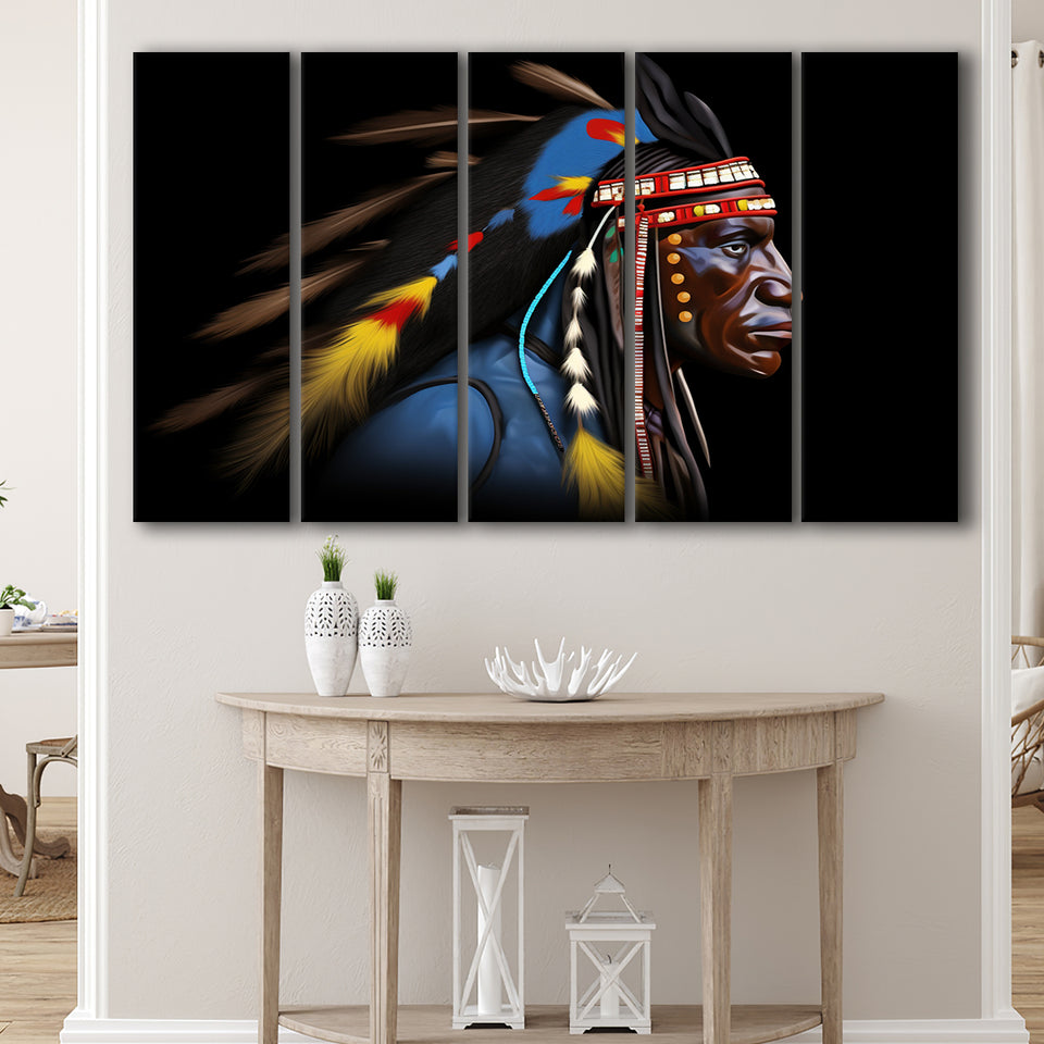 Indian Warrior Portrait Art Painting,5 Panel Extra Large Canvas Prints Wall Art Decor